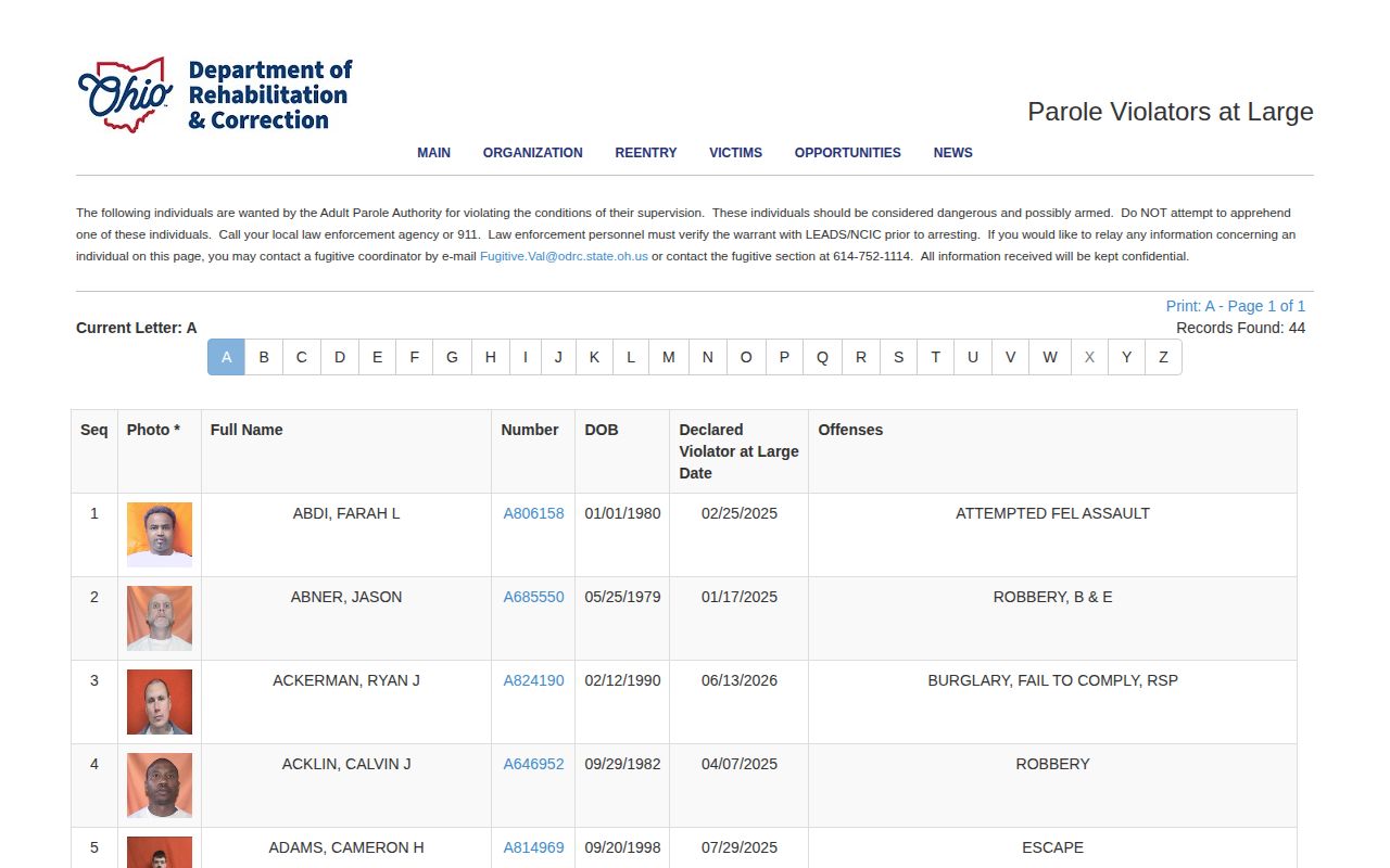 Monroe County warrant record context in the Ohio DRC state supervision wanted-list interface